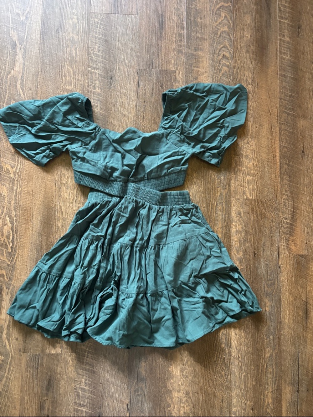 Girls Green One Piece Puff Sleeve Dress Set